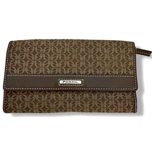 Fossil Tri-Fold Brown Leather Brown Letter F Fabric Signature Checkbook Wallet